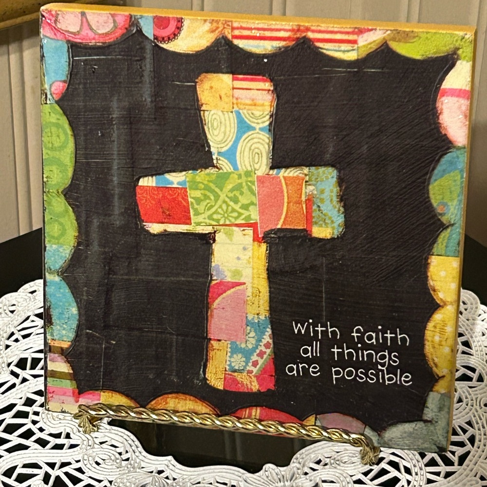 Demdaco Black and Red Mixed Media Cross Art Colorful Decotions Faith